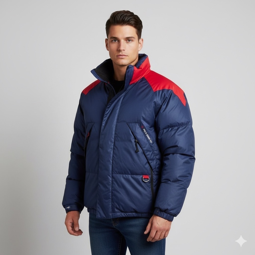 Vintage 90s Polo Ralph Lauren Blue Red Down Puffer Coat - Large